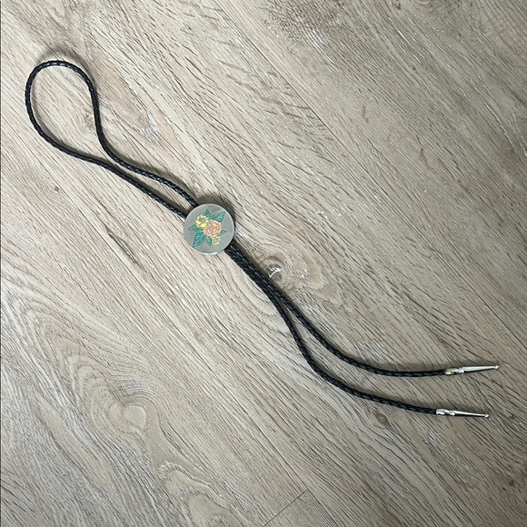 Black and Silver Bolo Tie with Floral Design - Picture 1 of 6